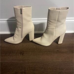 Lulu's Cream Heeled Boots with Chunky Block Heel